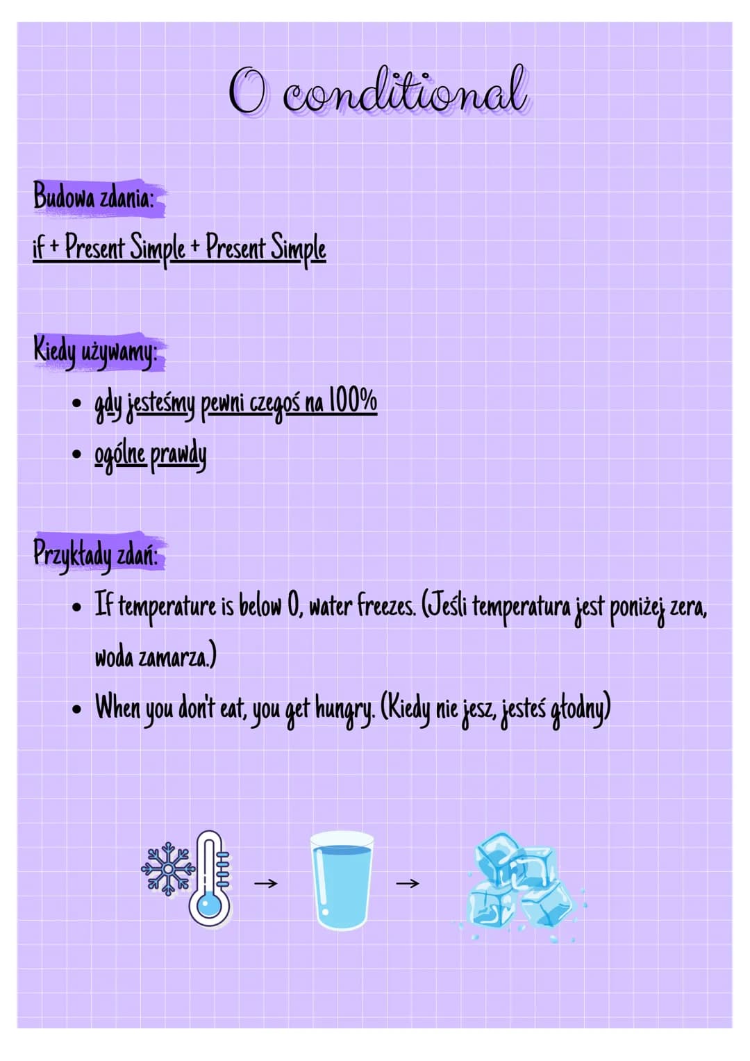 # CONDITIONALS

ogólnie:

Tryby warunkowe w języku angielskim, zwane conditionals, to struktury gramatyczne,
które opisują zdarzenia zależne