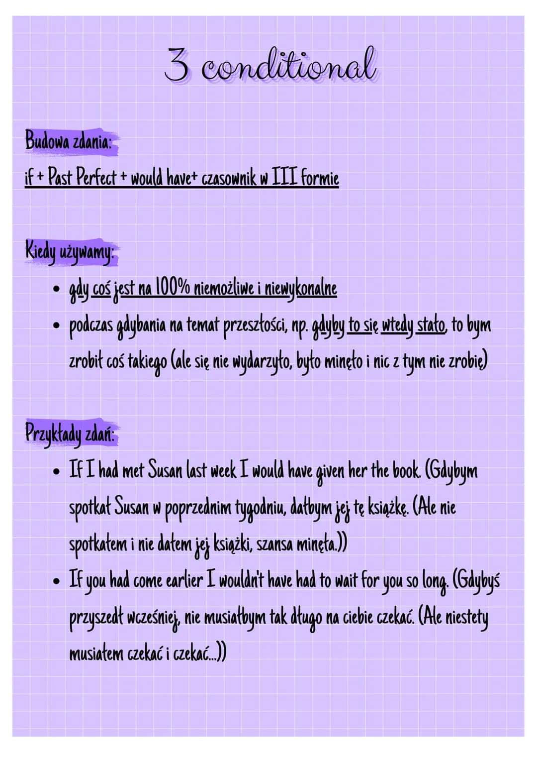 # CONDITIONALS

ogólnie:

Tryby warunkowe w języku angielskim, zwane conditionals, to struktury gramatyczne,
które opisują zdarzenia zależne