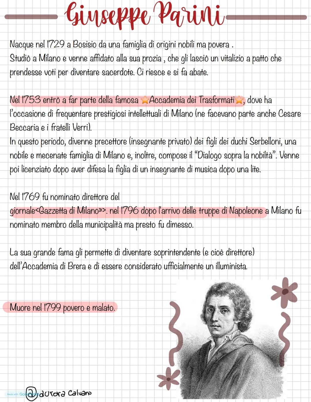 # Giuseppe Parini

Nacque nel 1729 a Bosisio da una famiglia di origini nobili ma povera.
Studiò a Milano e venne affidato alla sua prozia, 