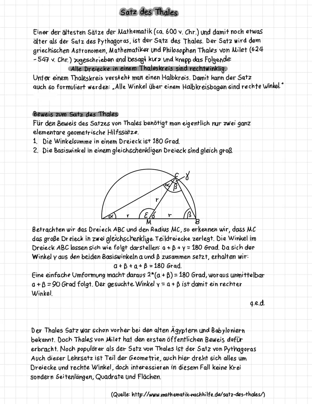 # Satz des Thales

Einer der ältesten Sätze der Mathematik (ca. 600 v. Chr.) und damit noch etwas
älter als der Satz des Pythagoras, ist der