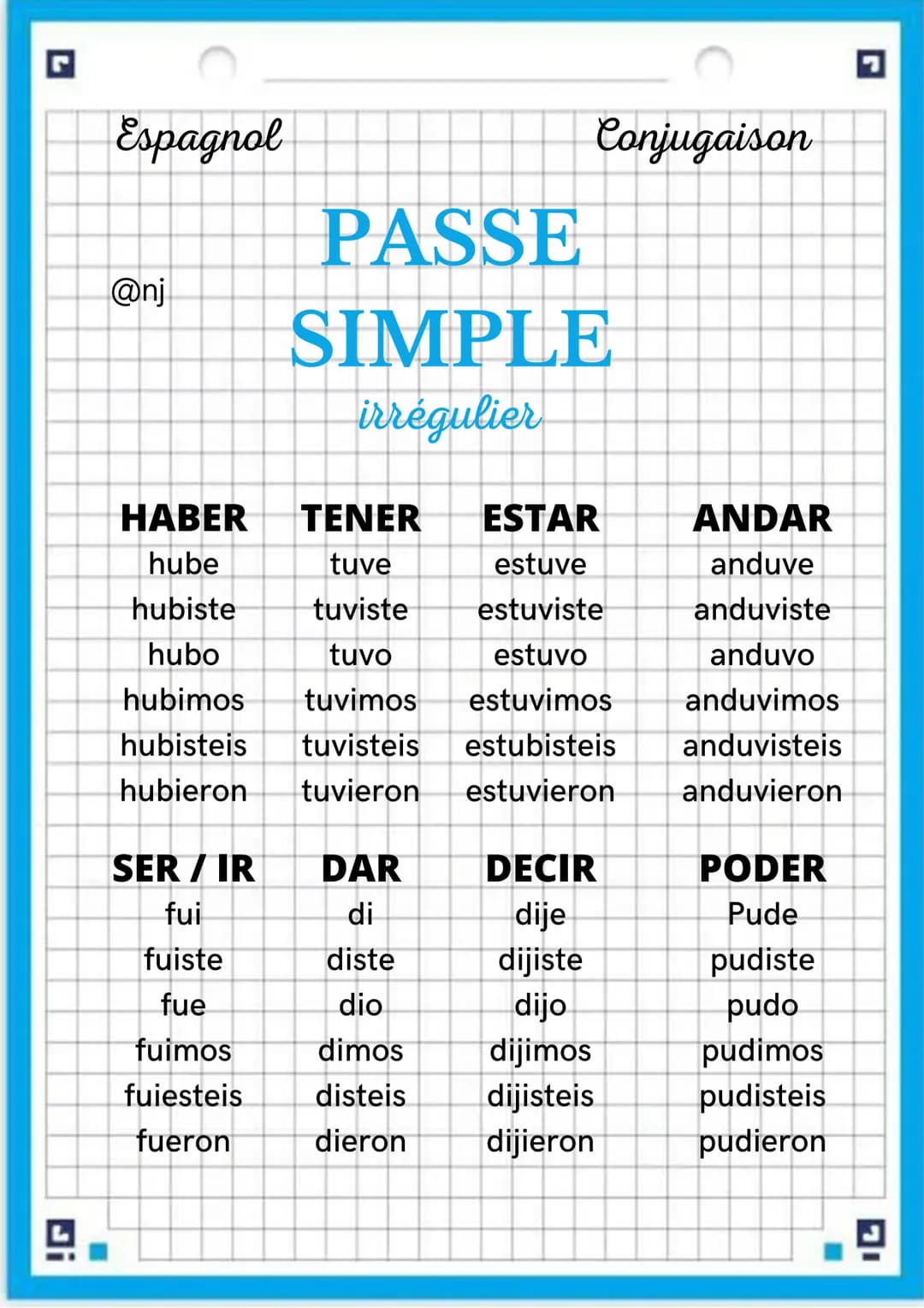 Espagnol

@nj

Conjugaison

PASSE
SIMPLE
Régulier

AR
IR + ER
radical + é
radical + í
radical + aste
radical + iste
radical + ó
radical + íó