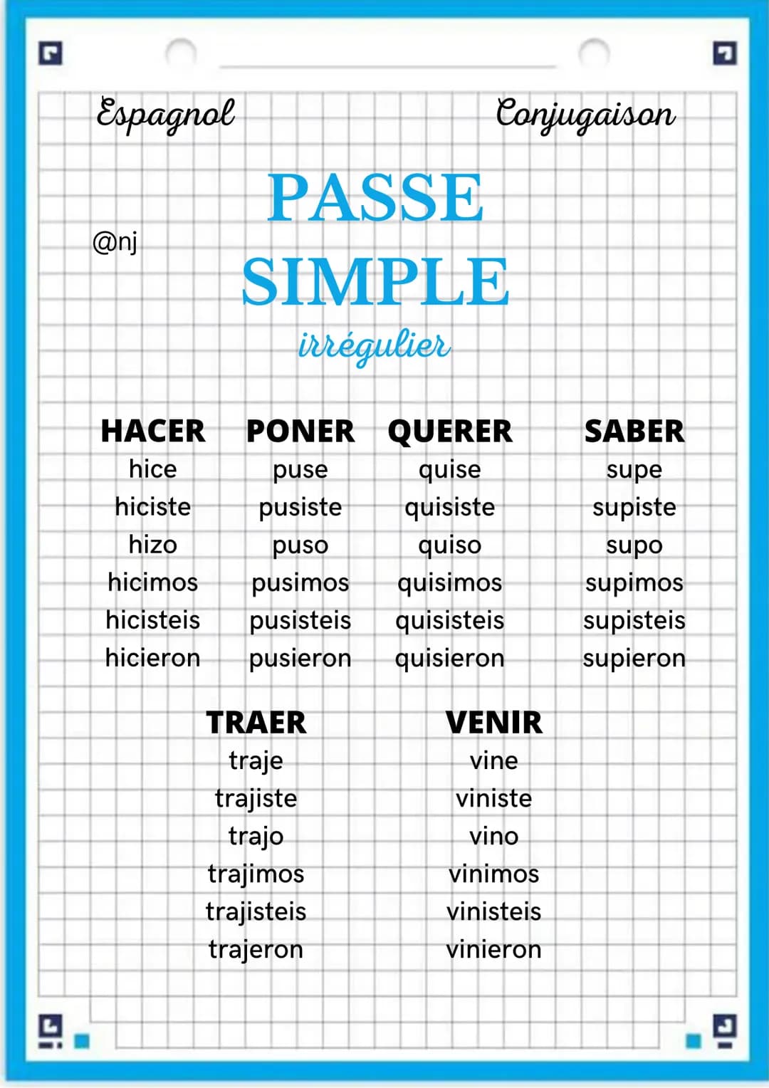 Espagnol

@nj

Conjugaison

PASSE
SIMPLE
Régulier

AR
IR + ER
radical + é
radical + í
radical + aste
radical + iste
radical + ó
radical + íó