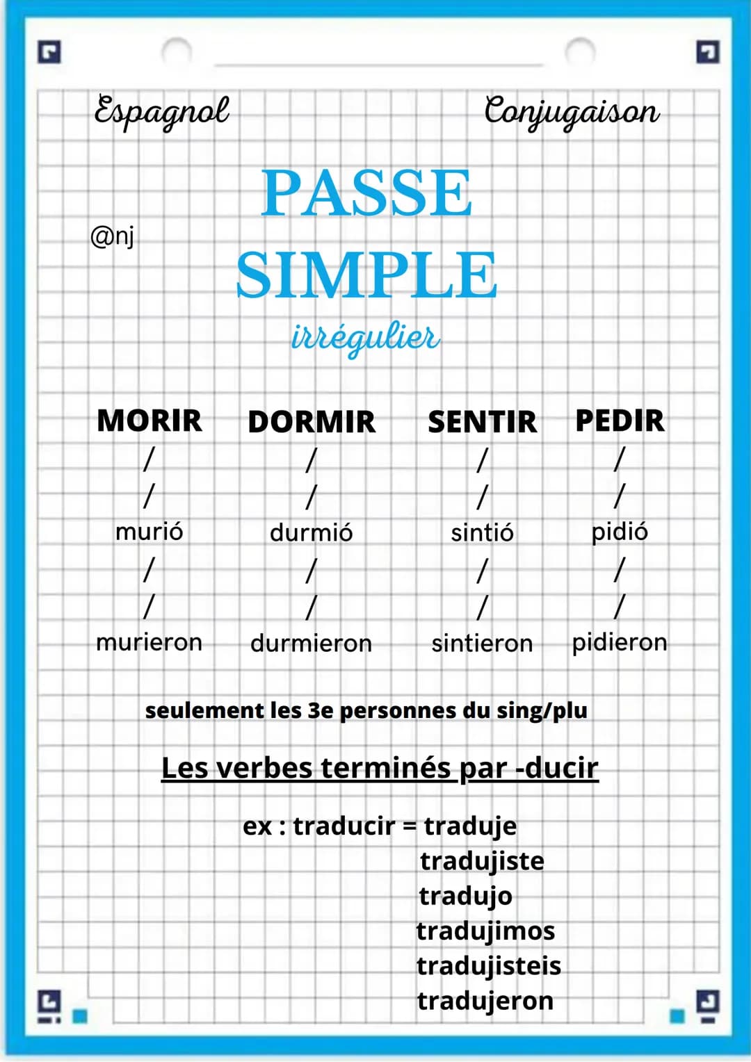 Espagnol

@nj

Conjugaison

PASSE
SIMPLE
Régulier

AR
IR + ER
radical + é
radical + í
radical + aste
radical + iste
radical + ó
radical + íó