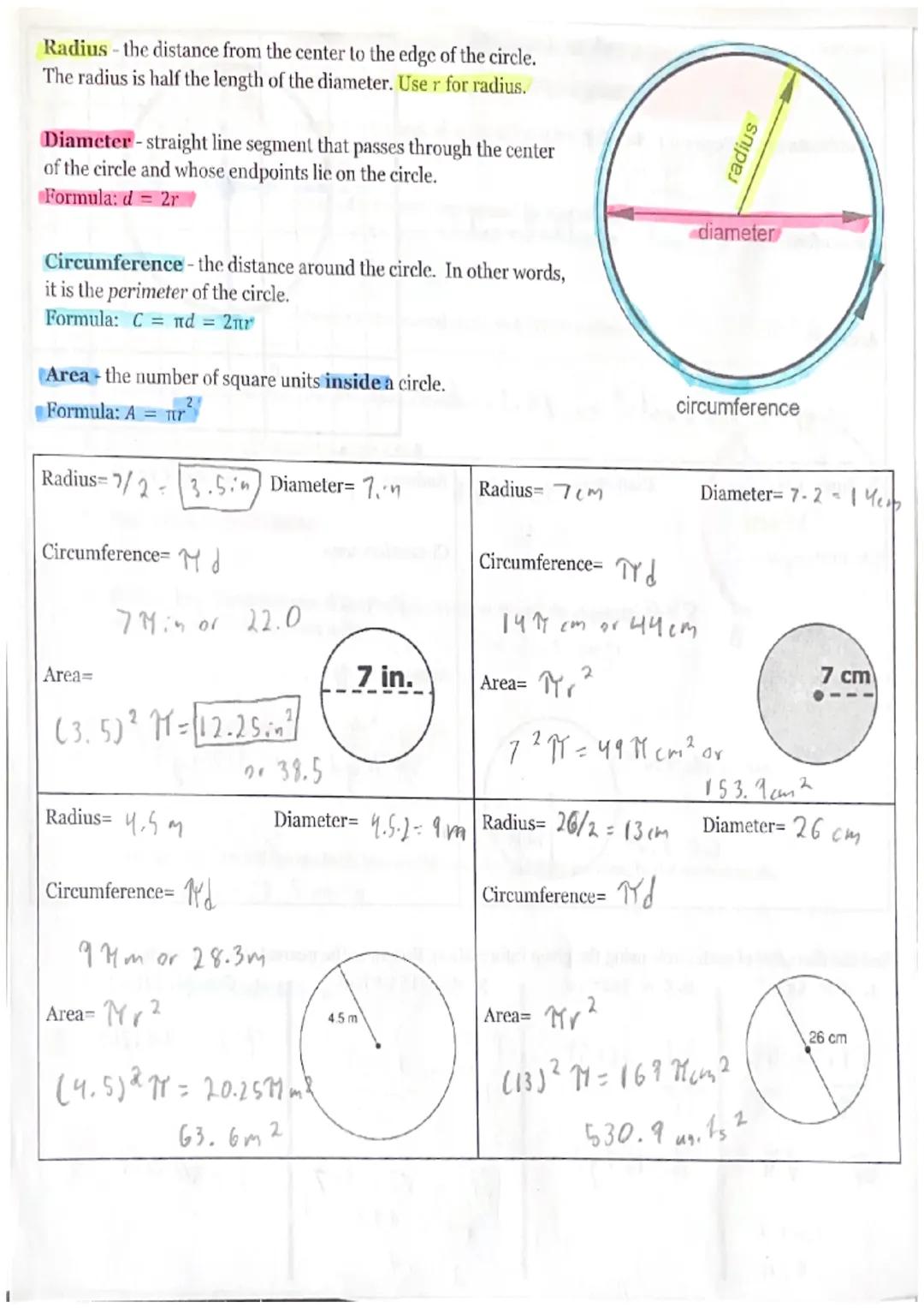 Radius - the distance from the center to the edge of the circle.
The radius is half the length of the diameter. Use r for radius.

Diameter-