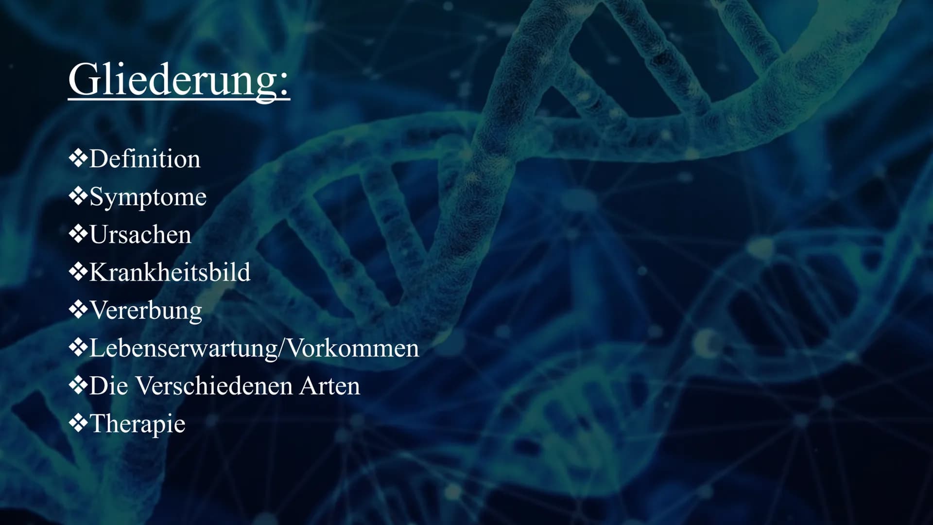 # Mukoviszidose

Von Celine und Nisa Gliederung:

◆Definition
◆Symptome
◆Ursachen
Krankheitsbild
◆Vererbung
◆Lebenserwartung/Vorkommen
◆Die 