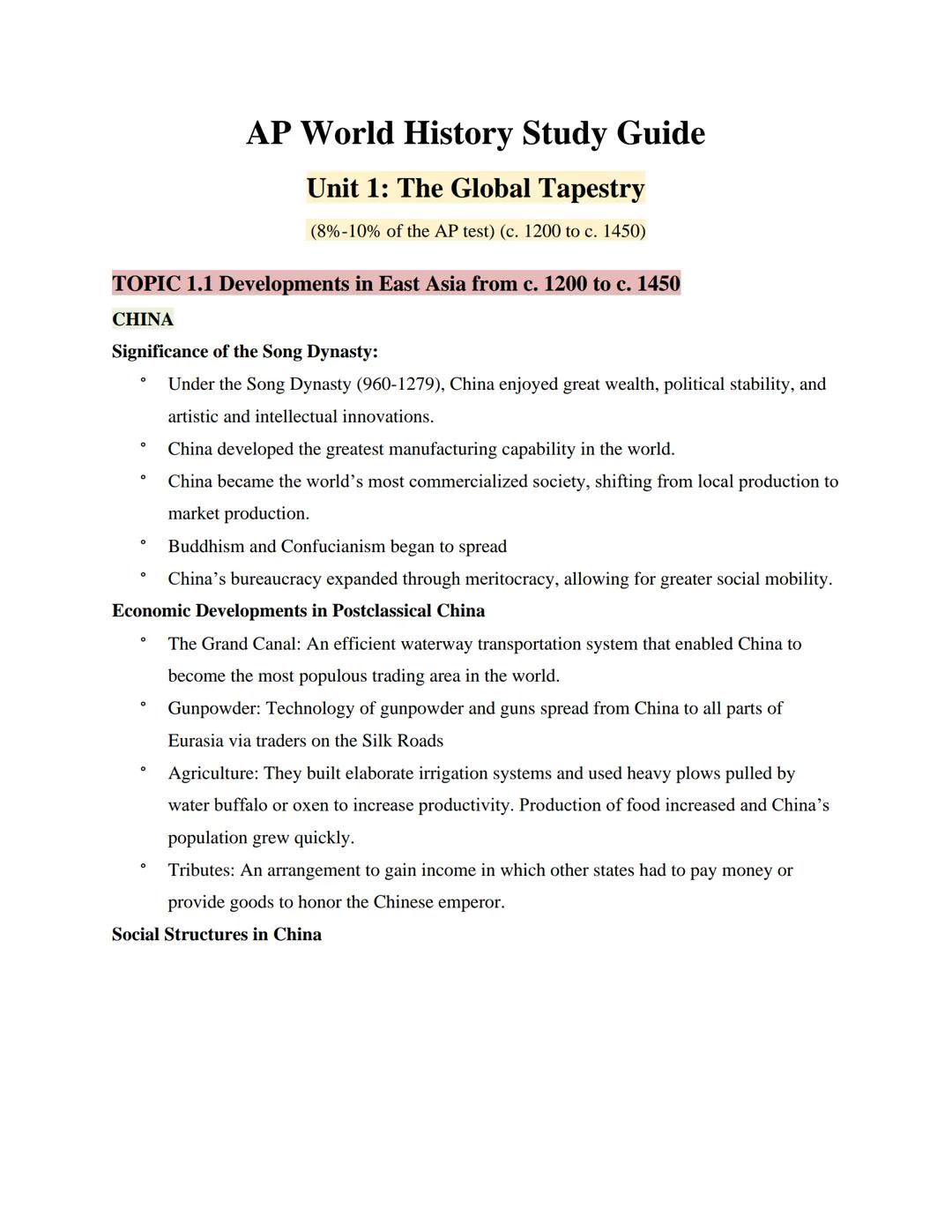 # AP World History Study Guide

## Unit 1: The Global Tapestry

(8%-10% of the AP test) (c. 1200 to c. 1450)

## TOPIC 1.1 Developments in E