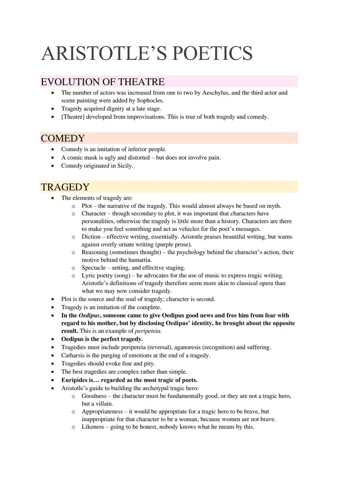 # ARISTOTLE'S POETICS

# EVOLUTION OF THEATRE

- The number of actors was increased from one to two by Aeschylus, and the third actor and
sc