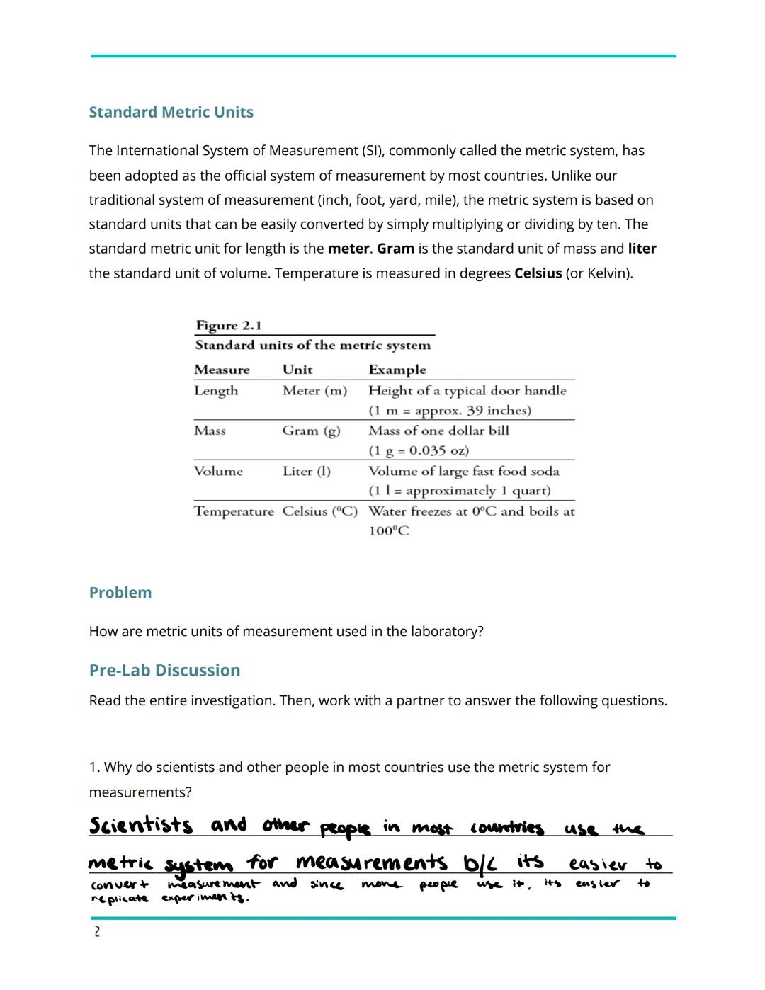 Biology Frosh

# Making Metric Measurements

995

# The Metric System

Introduction

In many biology investigations, precise measurements mu