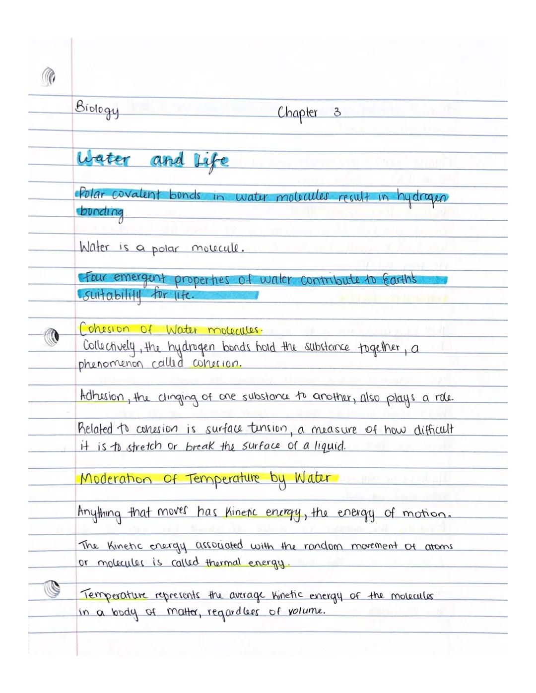 Biology

Chapter 3

Water and Life

Polar covalent bonds in water molecules result in hydrogen
bonding

Water is a polar molecule.

Four eme