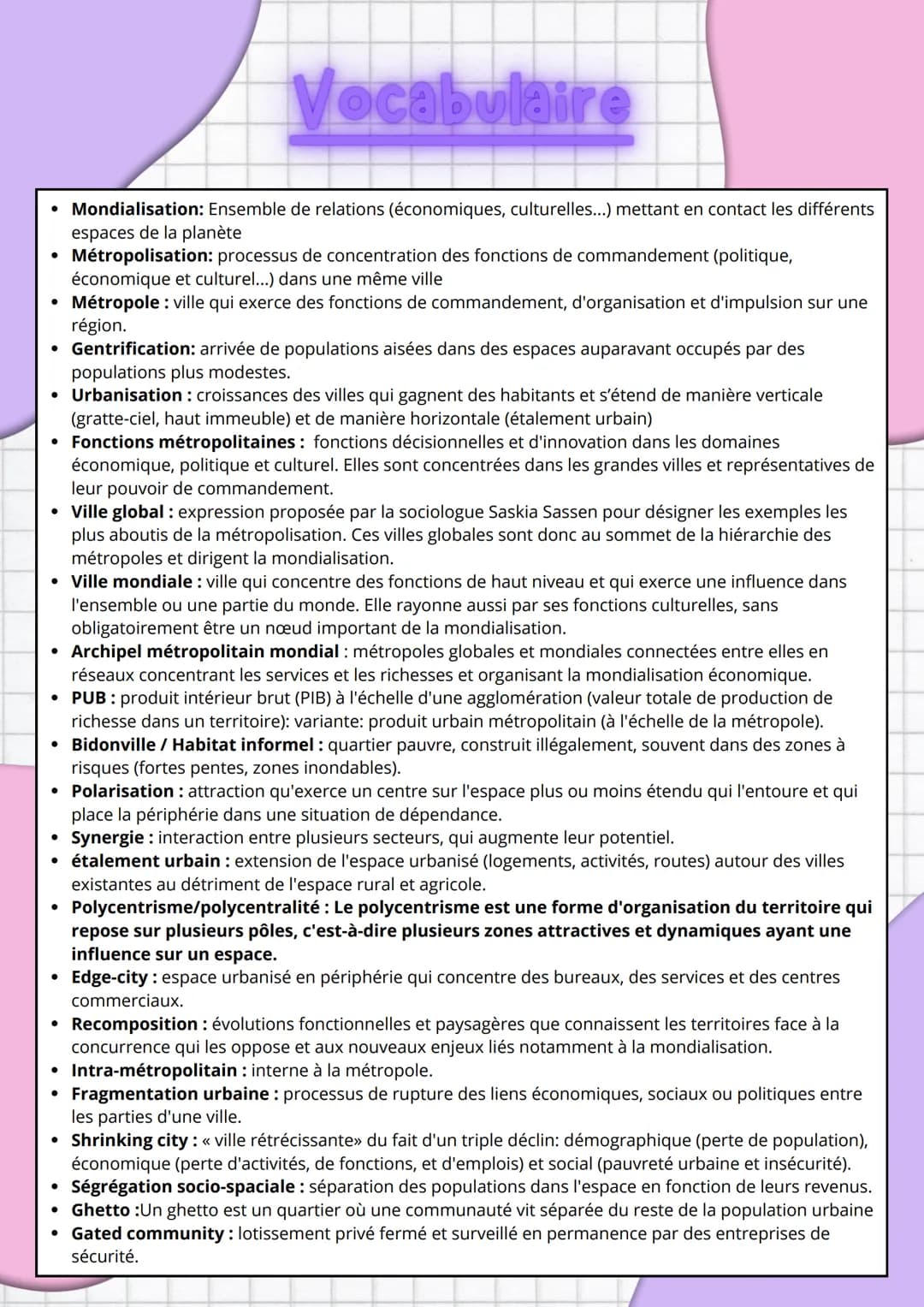 # Vocabulaire

- Mondialisation: Ensemble de relations (économiques, culturelles...) mettant en contact les différents
espaces de la planète