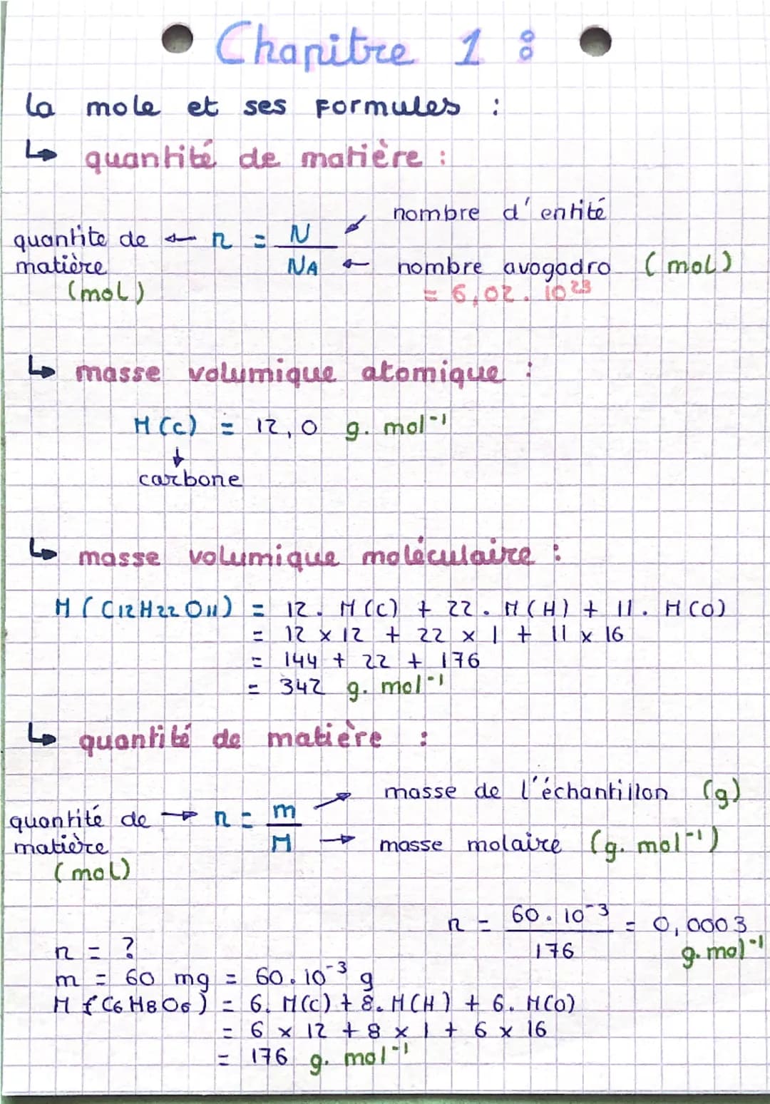# Chapitre 18

la mole et ses Formules :

quantité de matière :

quantite de几こ
matière
(mol)
$
\frac{N}{NA}
$
nombre d'entité
nombre avogadr