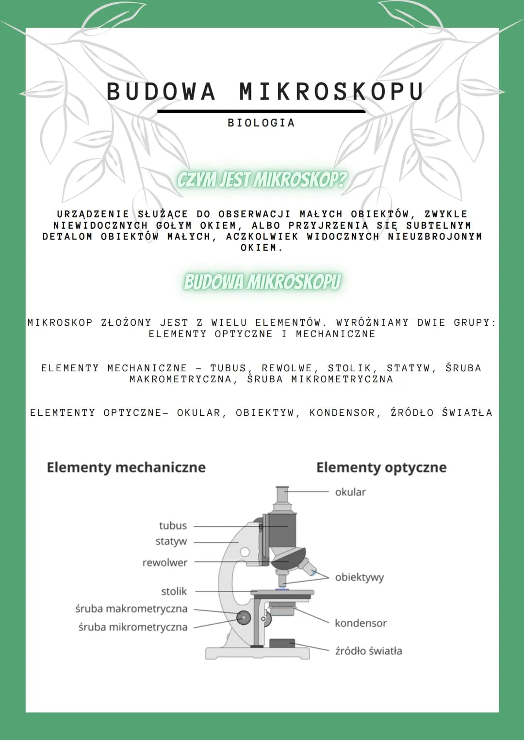 # BUDOWA MIKROSKOPU

BIOLOGIA

## CZYM JEST MIKROSKOP?

URZĄDZENIE SŁUŻĄCE DO OBSERWACJI MAŁYCH OBIEKTÓW, ZWYKLE
NIEWIDOCZNYCH GOŁYM OKIEM, 