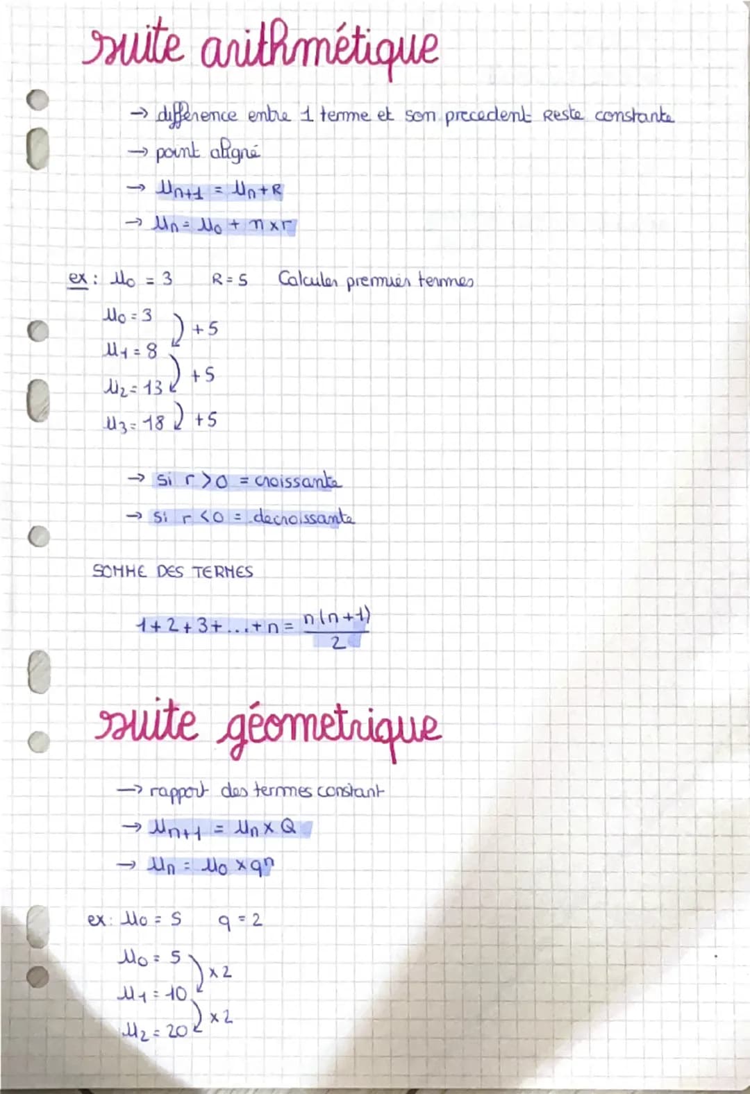 # suite arithmétique

→ difference entre 1 terme et som precedent Reste constante

→ point aligné

→Un+1 = Un+R

→ Mn = No + nxr

ex: 3 = مل