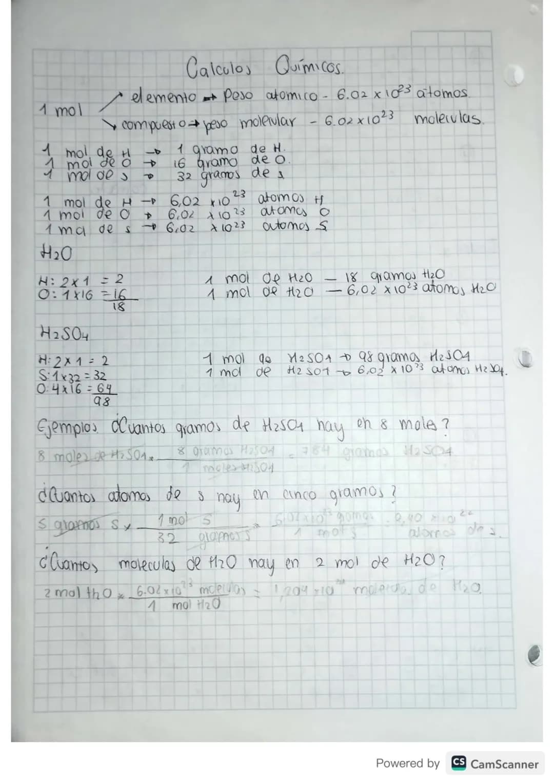 Calculos Químicos.

1 mol

- elemento Peso atomico-6.02 x $10^{23}$ atomos.
- compuesto peso molecular - 6.02x$10^{23}$ moleculas.

1 mol de