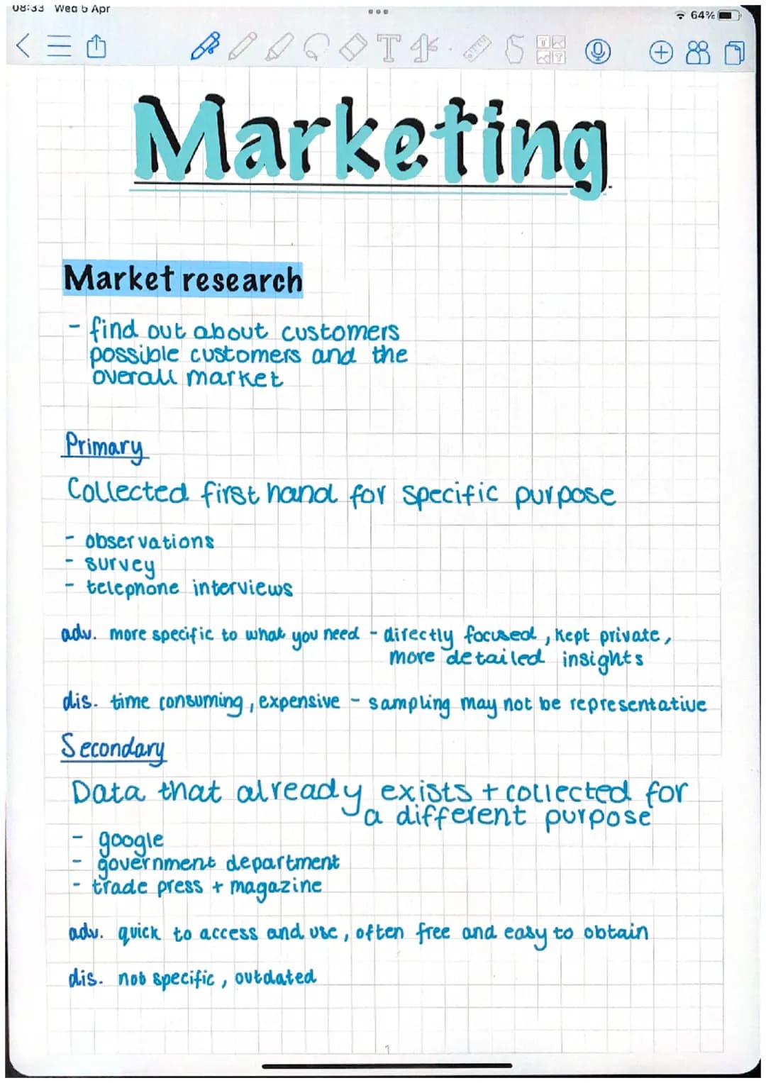 08:33 Wea 6 Apr
<三
800COT150
# Marketing

## Market research
- find out about customers
possible customers and the
overall market

## Primar
