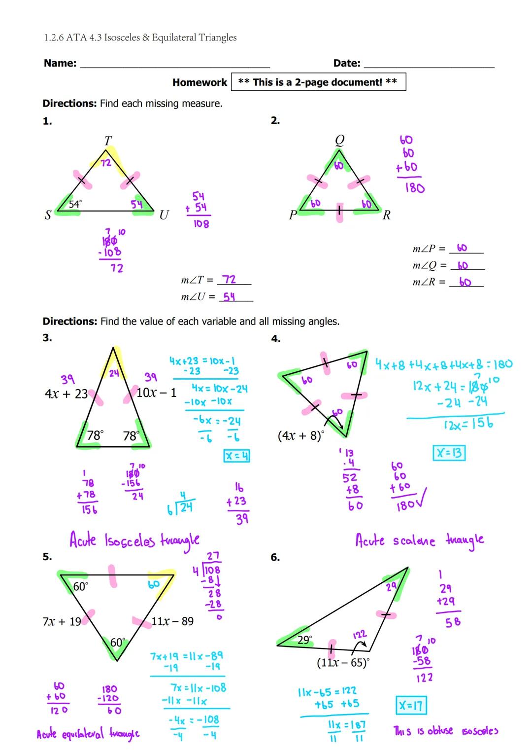 # 1.2.6 ATA 4.3 Isosceles & Equilateral Triangles

Name:

Date:

Aim: What are the properties of isosceles and equilateral triangles? How ca