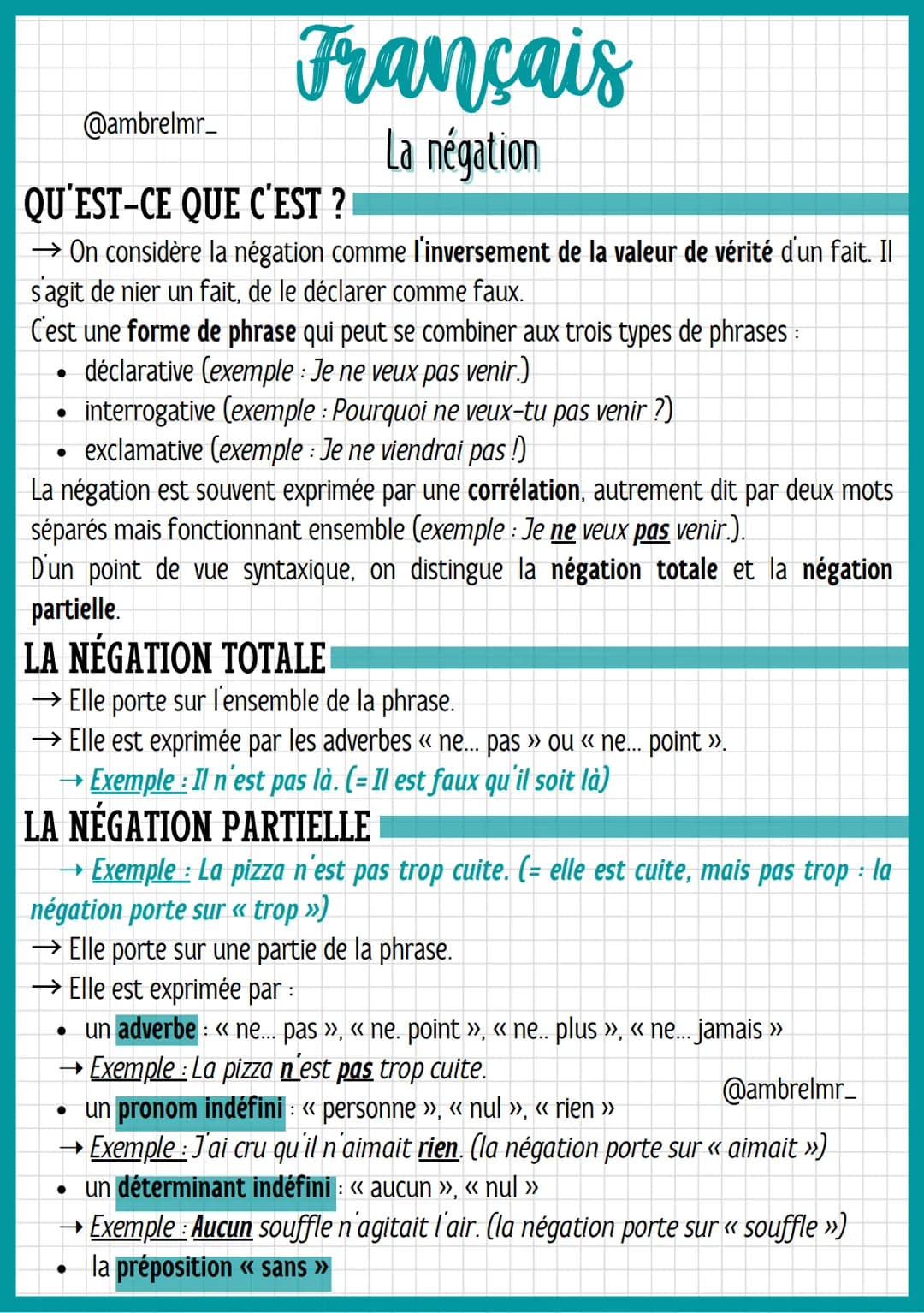 @ambrelmr_
# Français
## La négation
QU'EST-CE QUE C'EST ?

→ On considère la négation comme l'inversement de la valeur de vérité d'un fait.