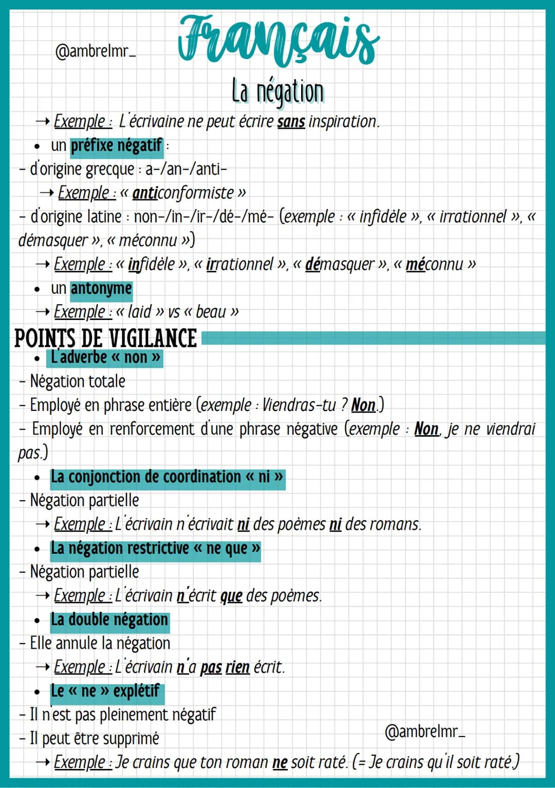 @ambrelmr_
# Français
## La négation
QU'EST-CE QUE C'EST ?

→ On considère la négation comme l'inversement de la valeur de vérité d'un fait.