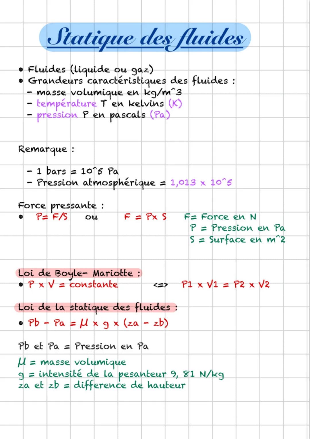# Statique des fluides

• Fluides (liquide ou gaz)
• Grandeurs caractéristiques des fluides :
- masse volumique en kg/m^3
- température T'en
