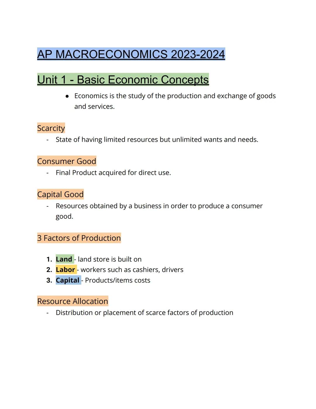 # AP MACROECONOMICS 2023-2024

## Unit 1 - Basic Economic Concepts

- Economics is the study of the production and exchange of goods
and ser