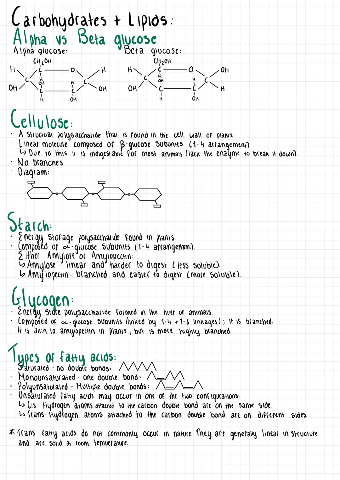 # Carbohydrates + Lipids :
## Alpha vs Beta glucose
Alpha glucose:
```
CH2OH
H
C
OH
```
Beta glucose:
```
CH2OH
H
0
OH
OH
H
H
XXXX
```
## Ce