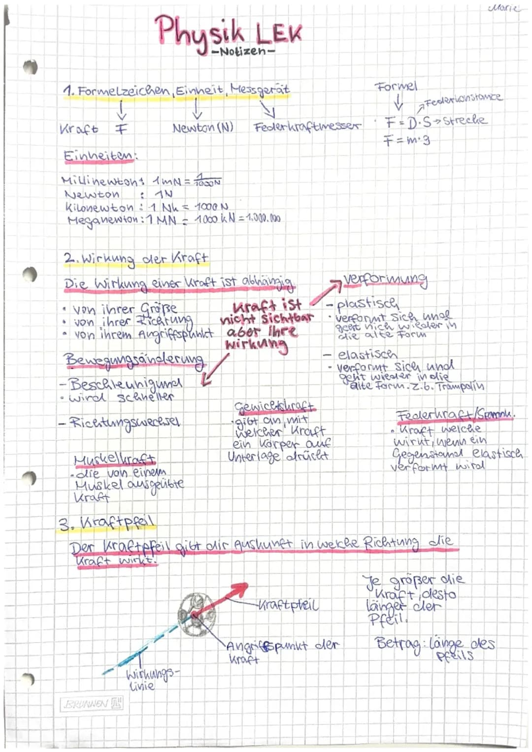 # Physik LEK
-Notizen-

1. Formelzeichen, Einheit, Messgerät
↓
↓
Kraft F Newton (N) Federkraftmesser

Einheiten:

Millinewton 1WMN = TOON
Ne