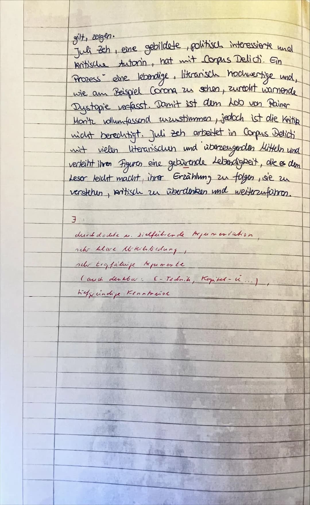 # Aufgabenstellung:

In der Rezension von Rainer Moritz zu Juli Zehs Roman „Corpus Delicti" heißt es:

„Einerseits möchte man Juli Zeh dafür