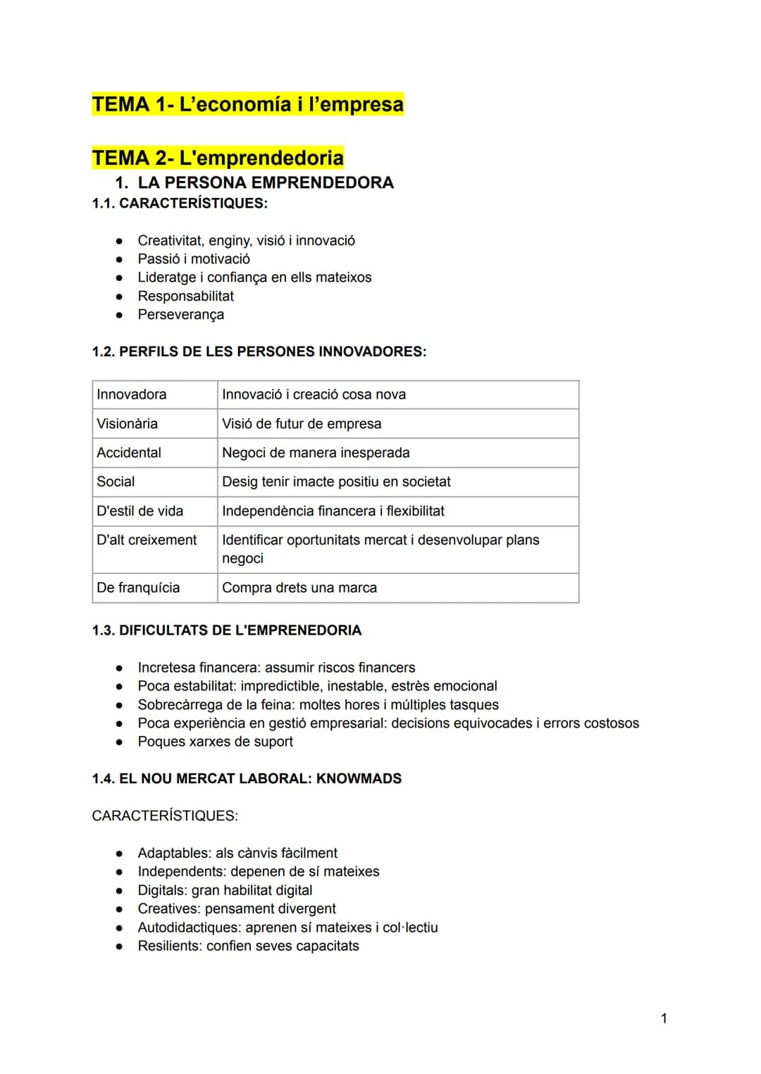 # TEMA 1- L'economía i l'empresa

# TEMA 2- L'emprendedoria

## 1. LA PERSONA EMPRENDEDORA

### 1.1. CARACTERÍSTIQUES:

- Creativitat, engin