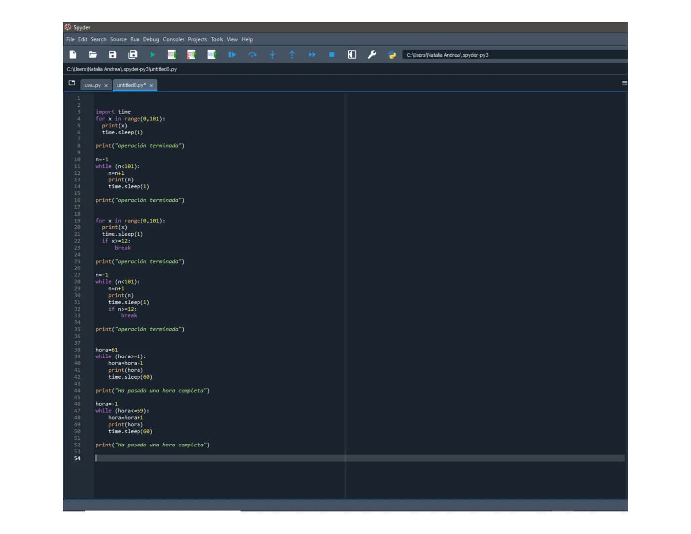Spyder

File Edit Search Source Run Debug Consoles Projects Tools View Help

C:\Users\Natalia Andrea\,spyder-py3\untitled0.py

uwu.py x unti
