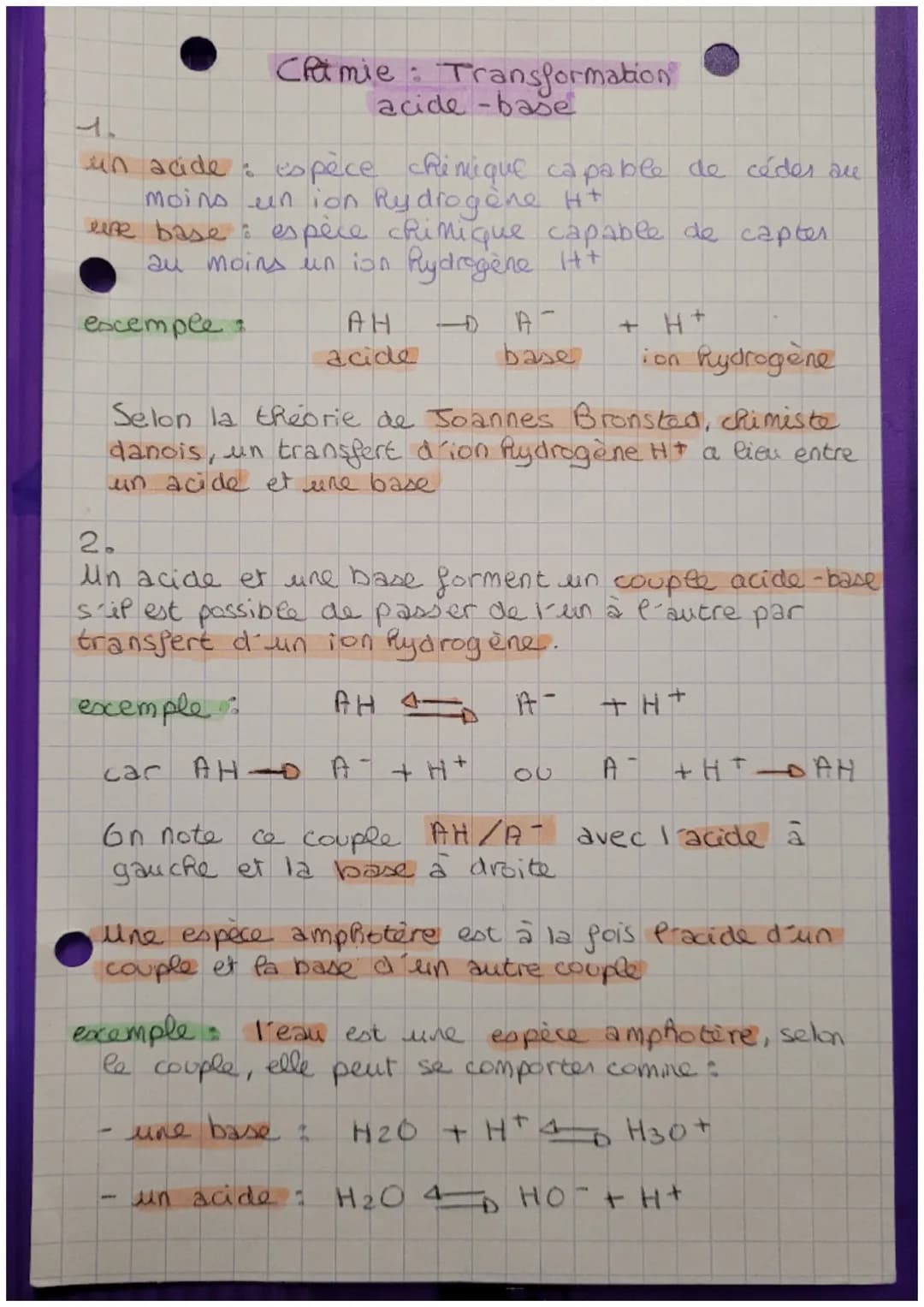# Chimie Transformation
acide-base

1.

un acide espèce chimique capable de cédes are
moins un ion Rydrogène Ht

eure base: espèce chimique 