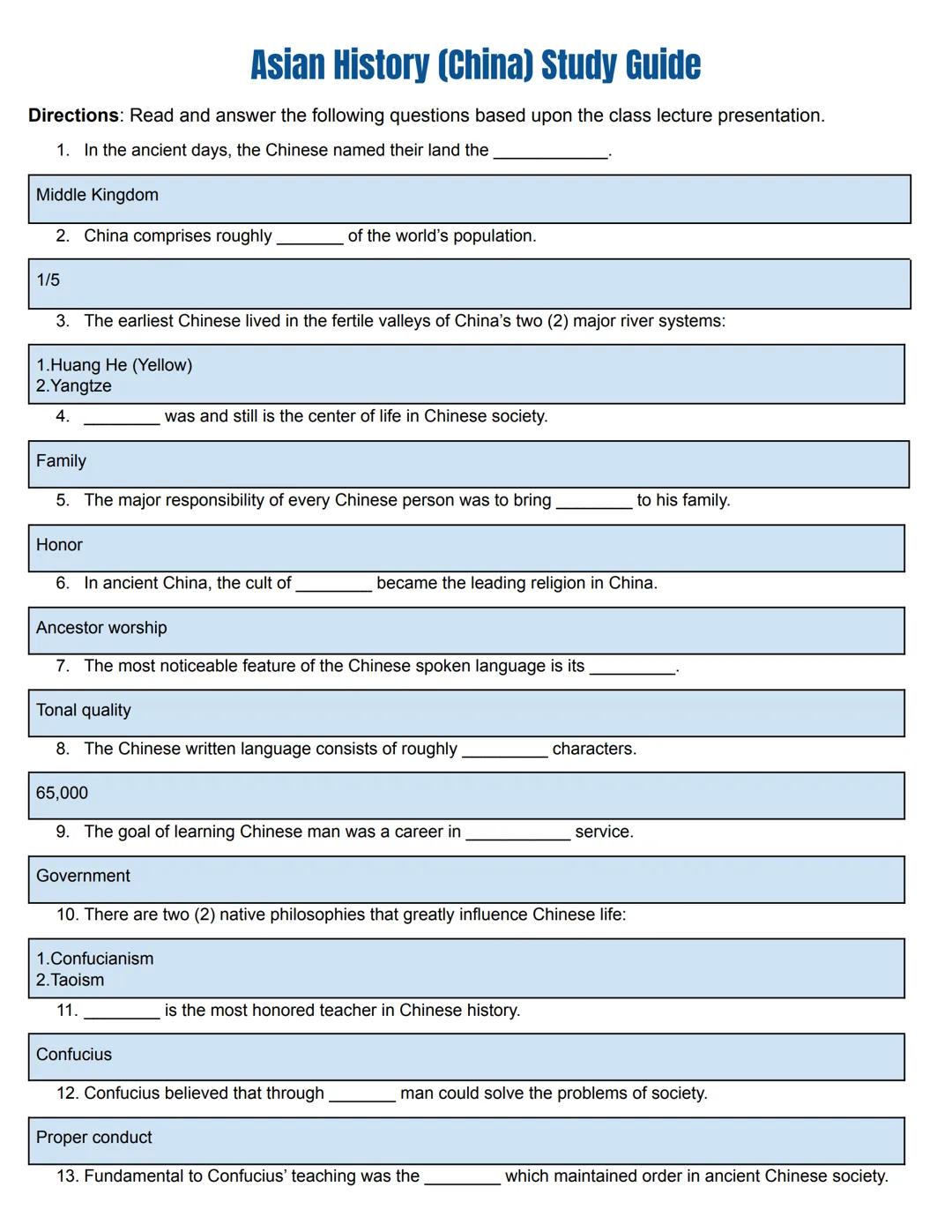 # Asian History Study Guide Packet
(China)
ASIAN
HISTORY # Asian History (China) Study Guide

Directions: Read and answer the following ques