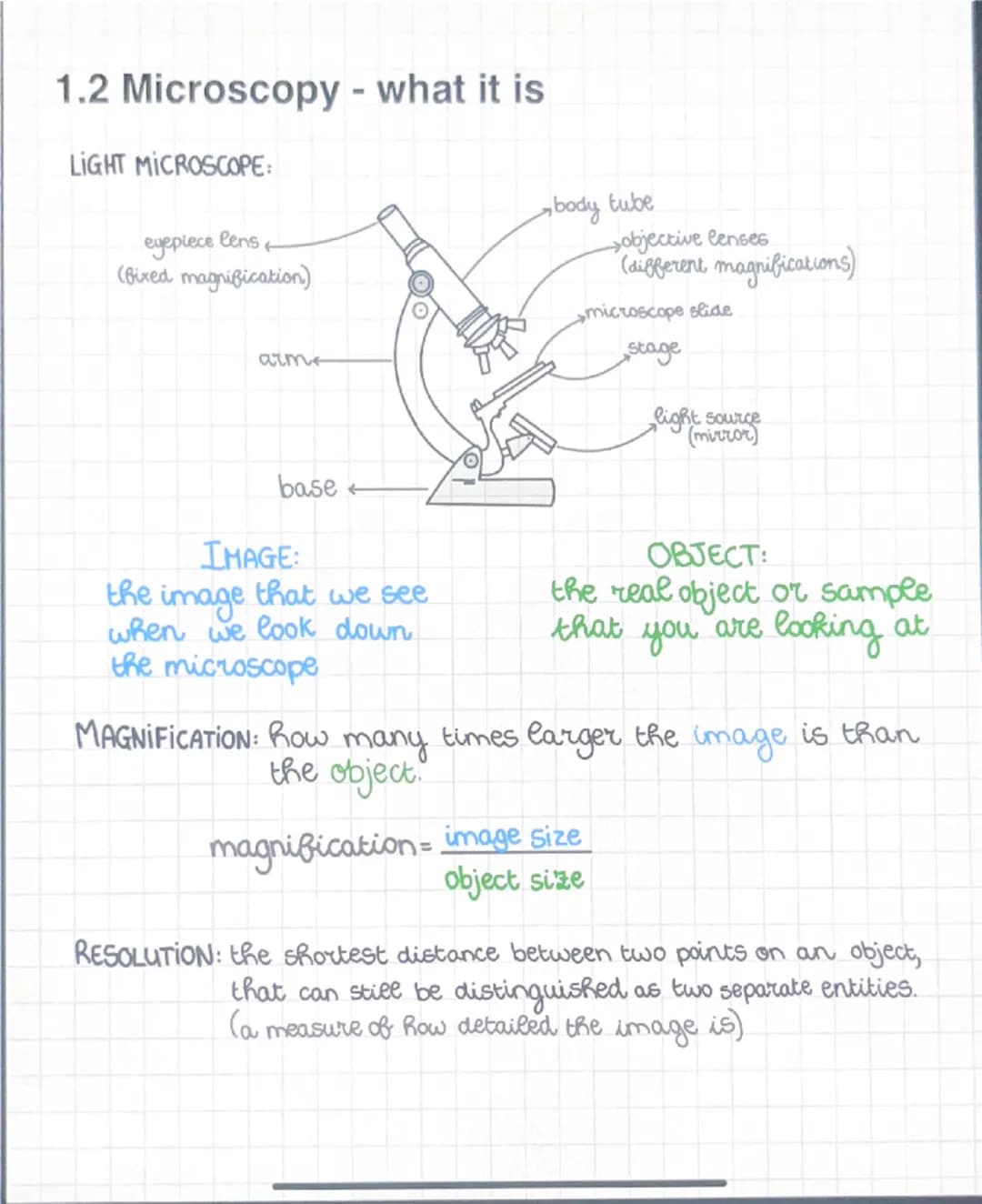 # 1.2 Microscopy - what it is

LIGHT MICROSCOPE:

eyepiece lens
(Bixed magnification)

arme

body tube

objective lenses
(different magnific