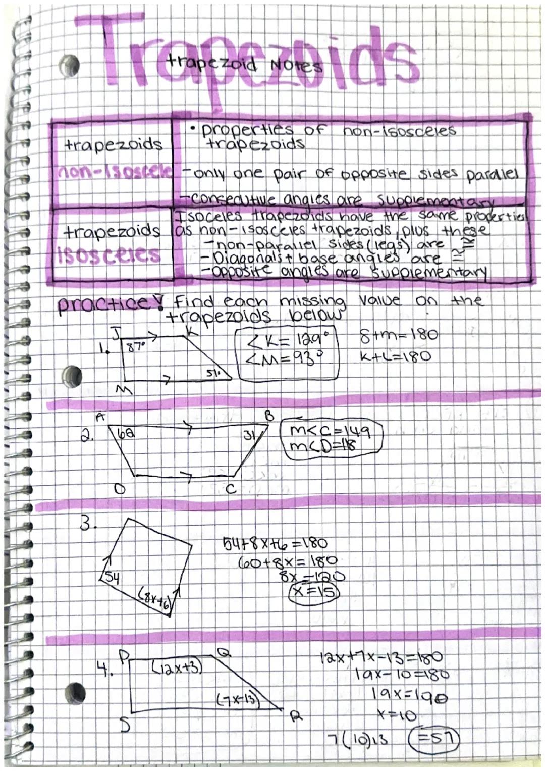 # Trapezoids

trapezoid Notes

trapezoids

*   properties of non-isosceles
    trapezoids

non-Isoscele -only one pair of opposite sides par