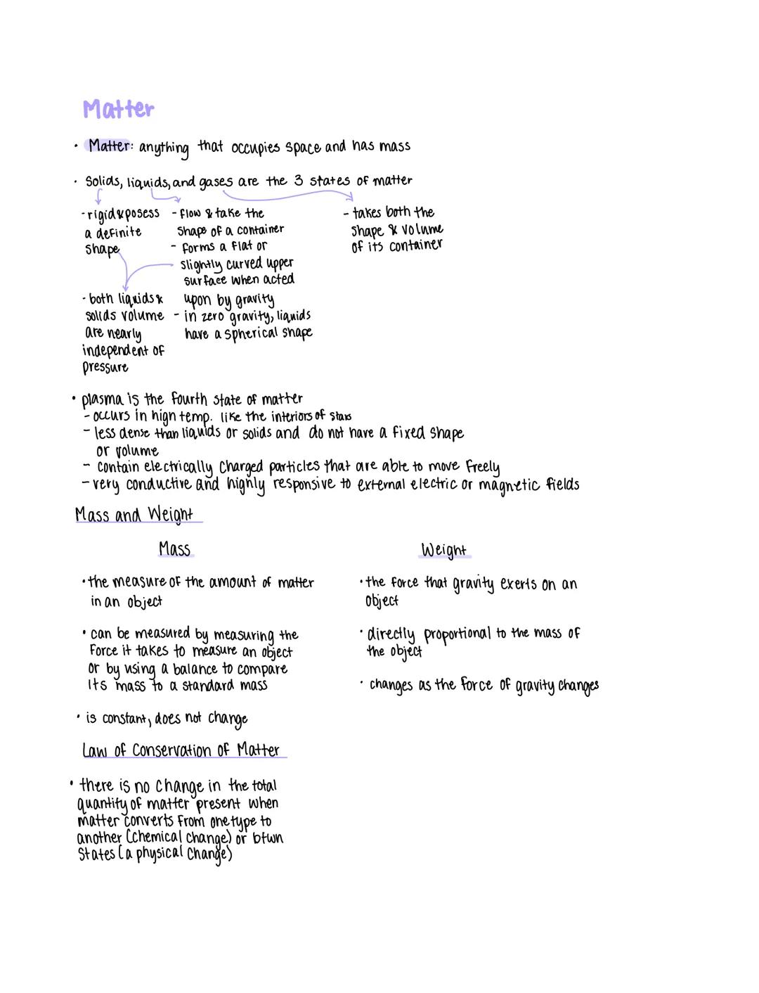 # Matter

*   Matter: anything that occupies space and has mass

*   Solids, liquids, and gases are the 3 states of matter

-rigid&posess fl