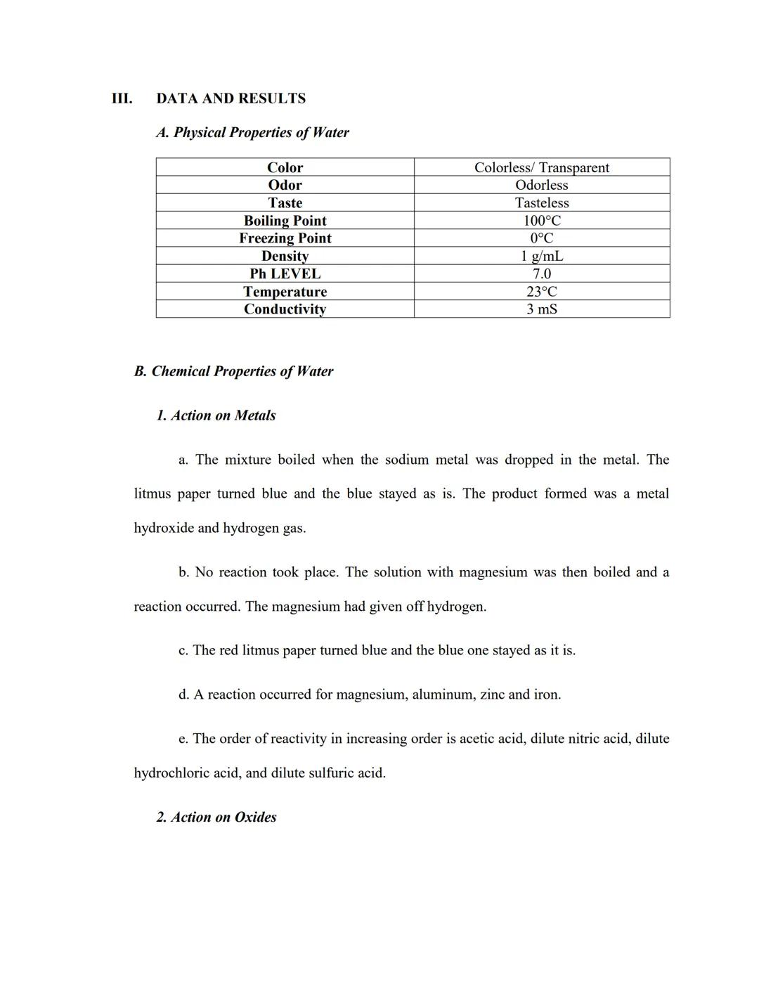 I. OBJECTIVE

The objective of the experiment is to utilize the laboratory accurately to obtain the physical
and chemical properties of wate