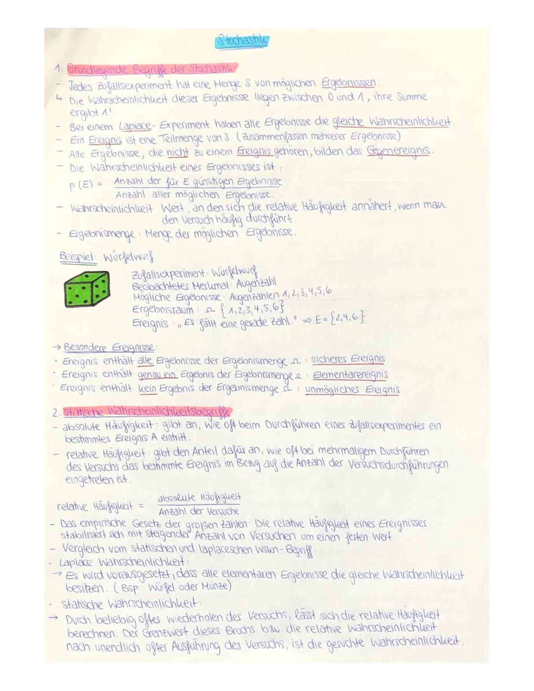 # Stochastik

1.  Grundlegende Begriffe der Stochastik

-   Jedes Zufallsexperiment hat eine Menge S von möglichen Ergelonissen.
-   Die Wah