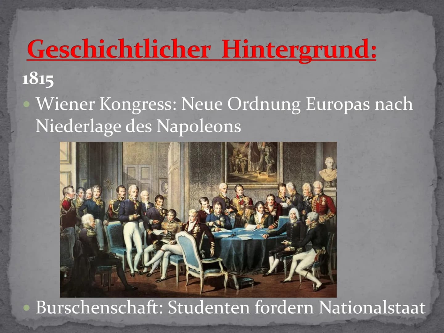 Vormärz Gliederung:
* Allgemeines
* Geschichtlicher Hintergrund
* Gesellschaftliches Leben
* Entwicklung der Literatur
* Wichtige Vertreter 