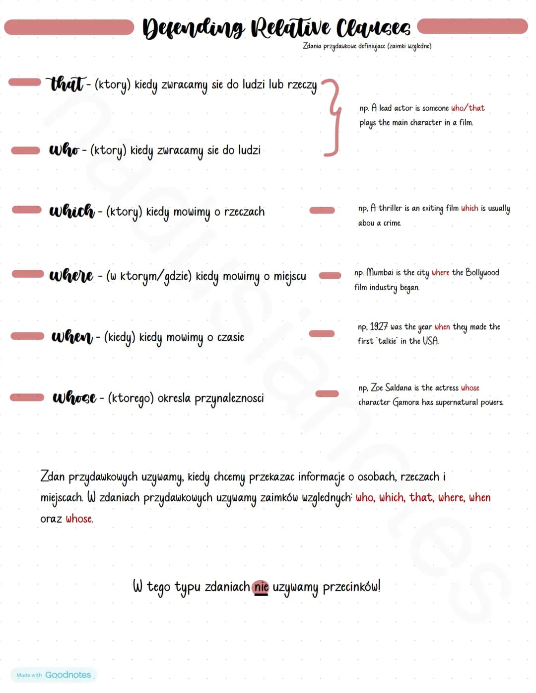 # Defending Relative Clauses
Zdania przydawkowe definiujace (zaimki wzgledne)

- that-(ktory) kiedy zwracamy sie do ludzi lub rzeczy
- who- 