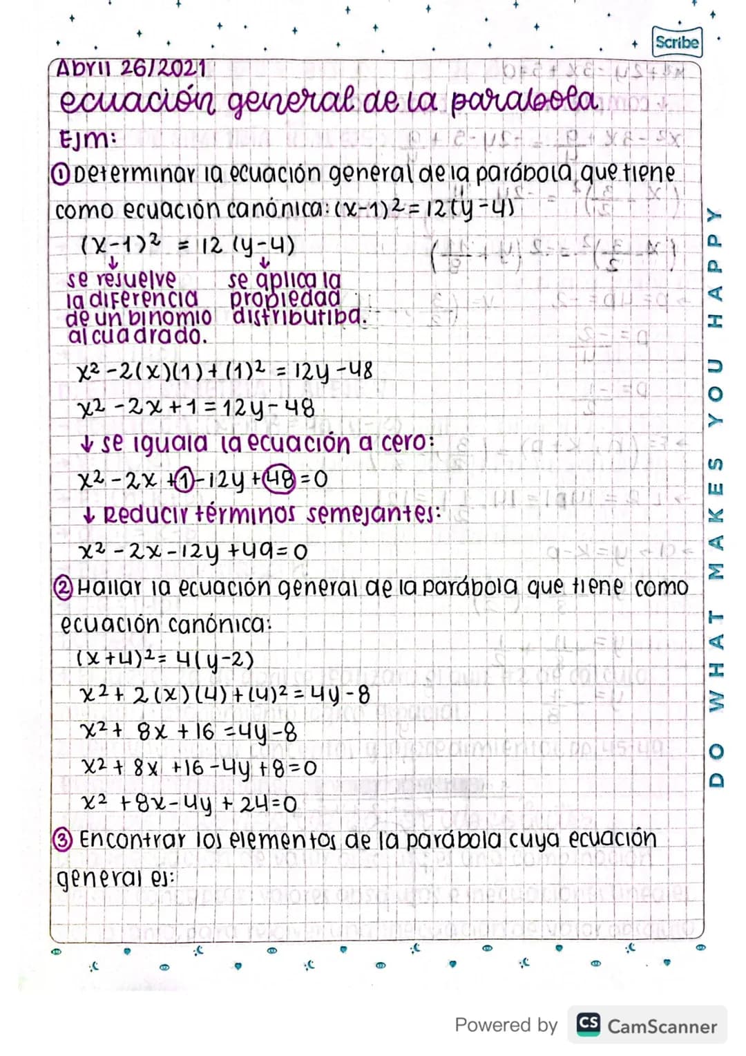 Abyll 26/2021
# ecuación general de la parabola
EJM:
Scribe

1 Determinar la ecuación general de la parábola que tiene
como ecuación canónic
