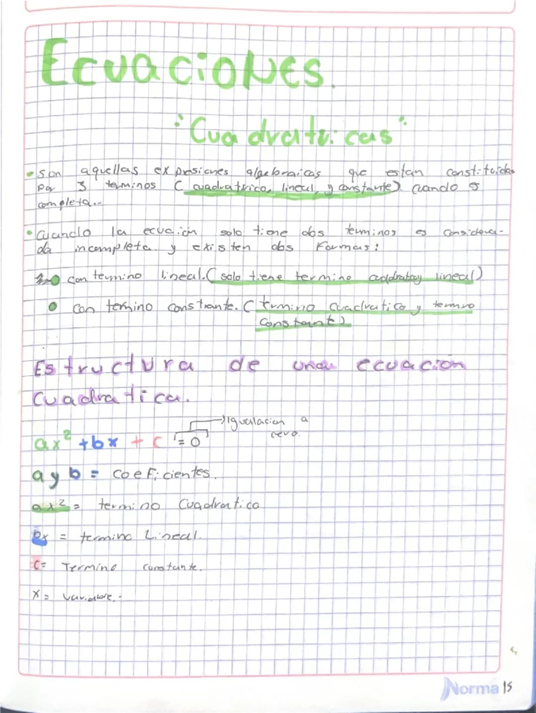 # Ecuaciones

Cuadratri cas.

- Sun aquellas ex presiones algebraicas que estan constituidas
Por 3 terminos C cuadratirica, lineal, y consta