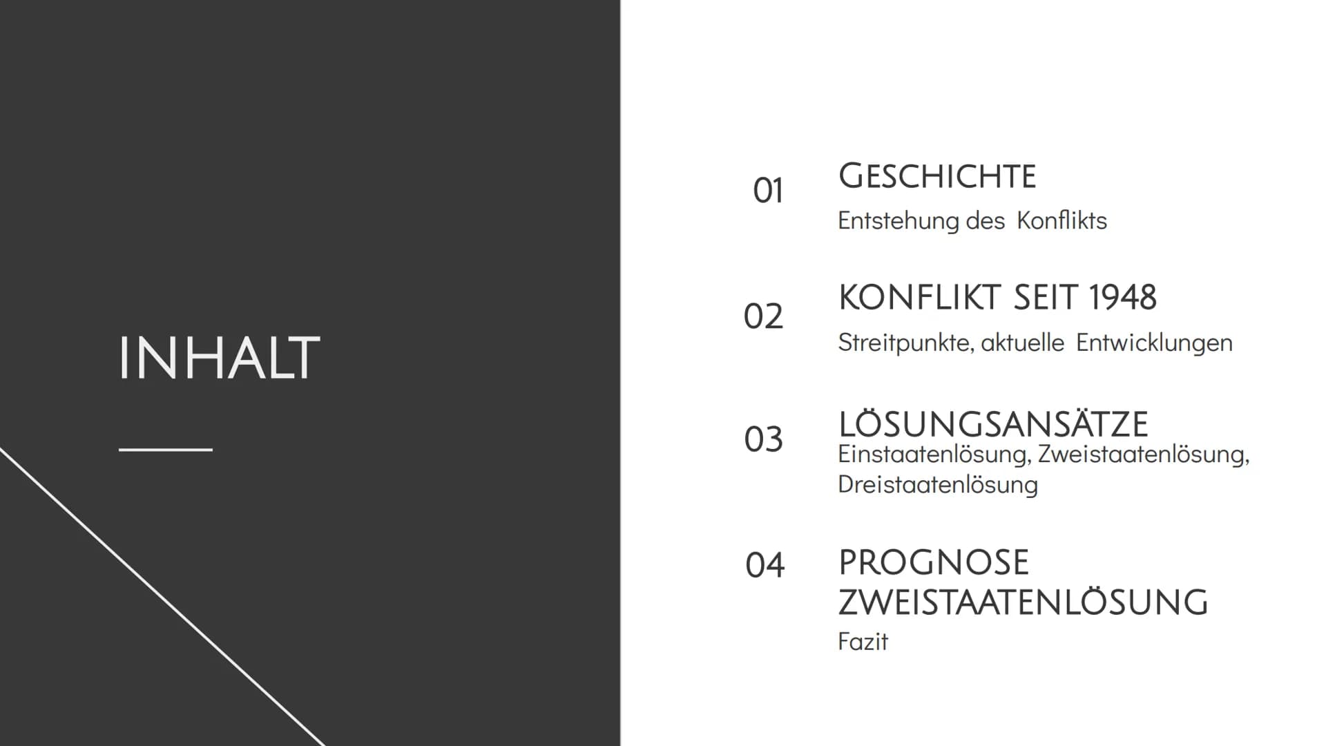M2 M6 M3

M4 # NAHOSTKONFLIKT

Israel und Palästina INHALT

01 GESCHICHTE
Entstehung des Konflikts

02 KONFLIKT SEIT 1948
Streitpunkte, aktu