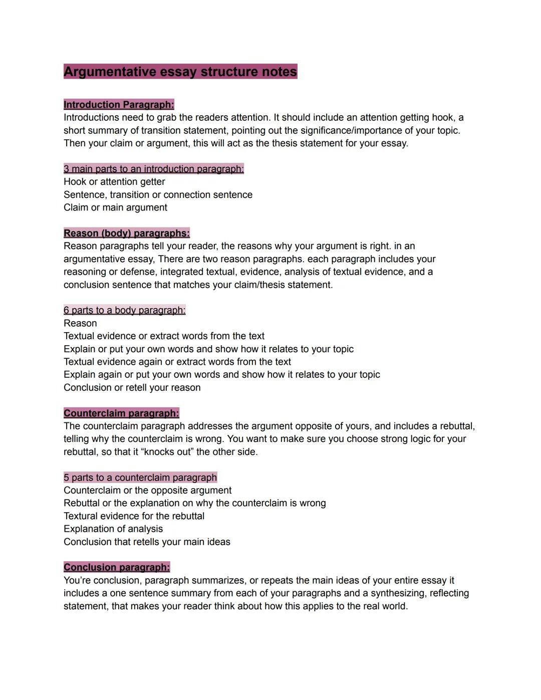 # Argumentative essay structure notes

Introduction Paragraph:
Introductions need to grab the readers attention. It should include an attent