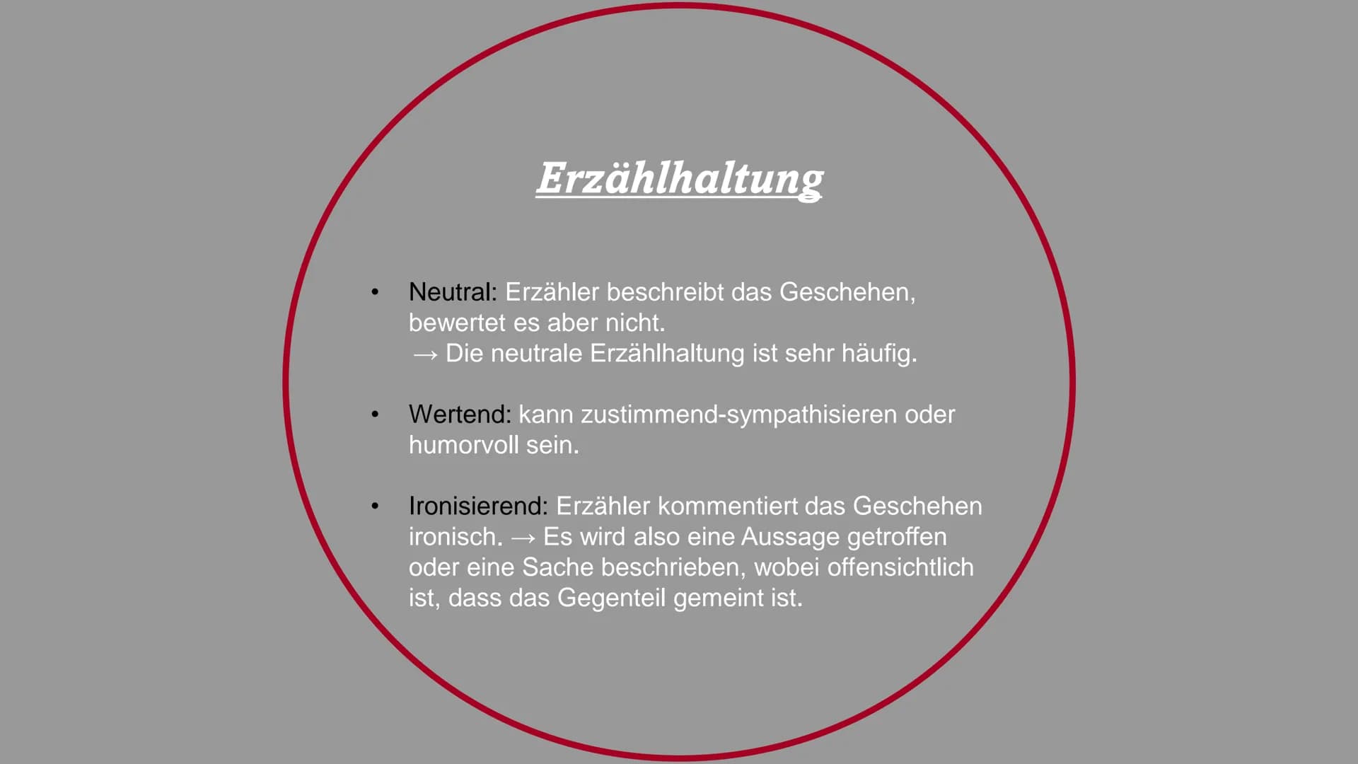Erzähl -
verhalten

Die Technik des Erzählens

Zeitgestaltung

Erzähler -
standort

Erzähl -
perspektive

Erzählform

Darbietungs-
formen

E