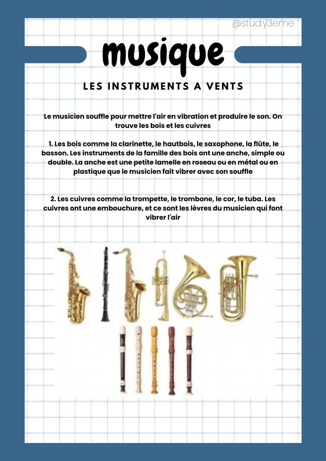 # musique

@stud.y3eme

LES INSTRUMENTS A VENTS

Le musicien souffle pour mettre l'air en vibration et produire le son. On
trouve les bois e
