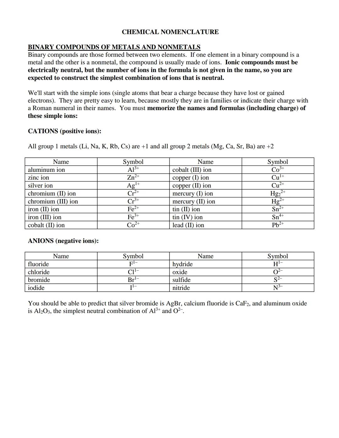 # CHEMICAL NOMENCLATURE

BINARY COMPOUNDS OF METALS AND NONMETALS
Binary compounds are those formed between two elements. If one element in 
