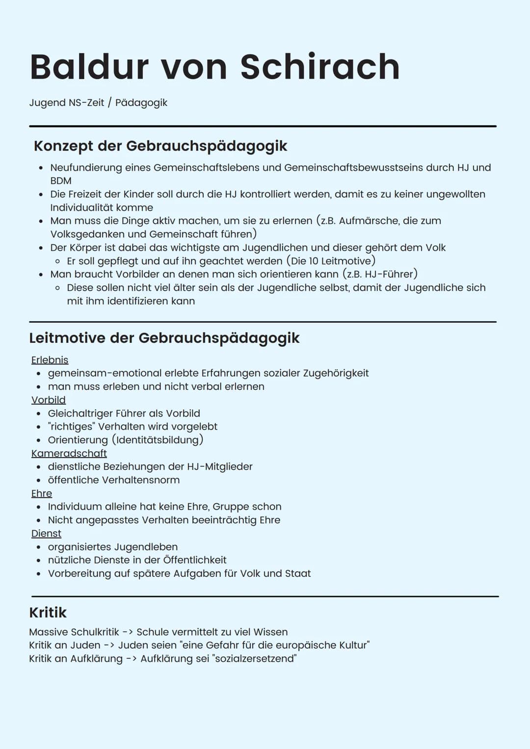 # Hitler als Erzieher
Jugend NS-Zeit / Pädagogik

Prinzipien Hitlers

Führer-Gefolgschaftsprinzip (Autorität und Gehorsam)
Prinzip des Rasse