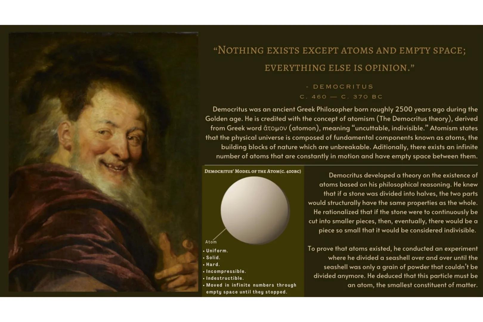 "NOTHING EXISTS EXCEPT ATOMS AND EMPTY SPACE;
EVERYTHING ELSE IS OPINION."

- DEMOCRITUS
C. 460 C. 370 BC

Democritus was an ancient Greek P