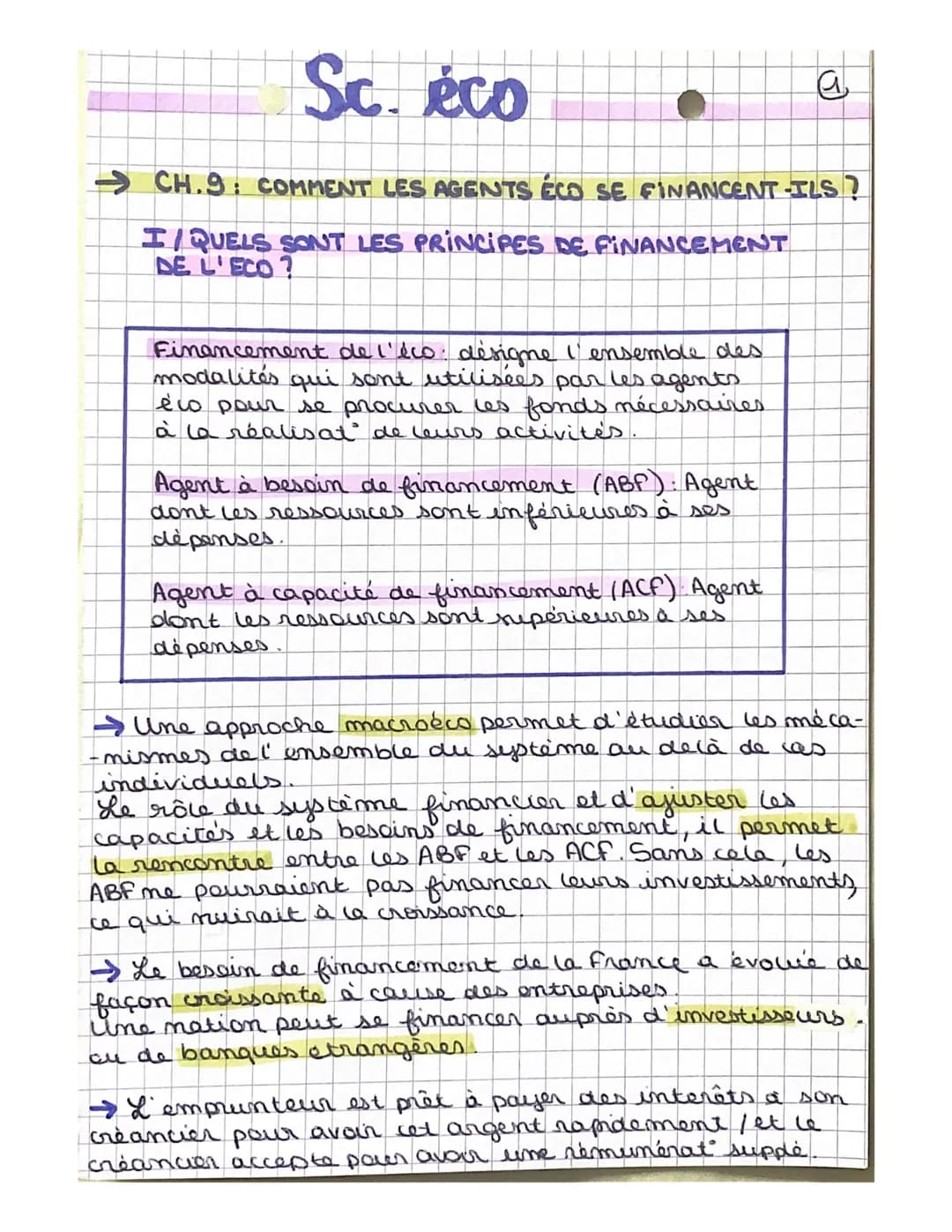 Sc. éco

→CH.9: COMMENT LES AGENTS ÉCO SE FINANCENT-ILS?

I/QUELS SONT LES PRINCIPES DE FINANCEMENT
DE L'ECO?

Financement de l'éco: désigne