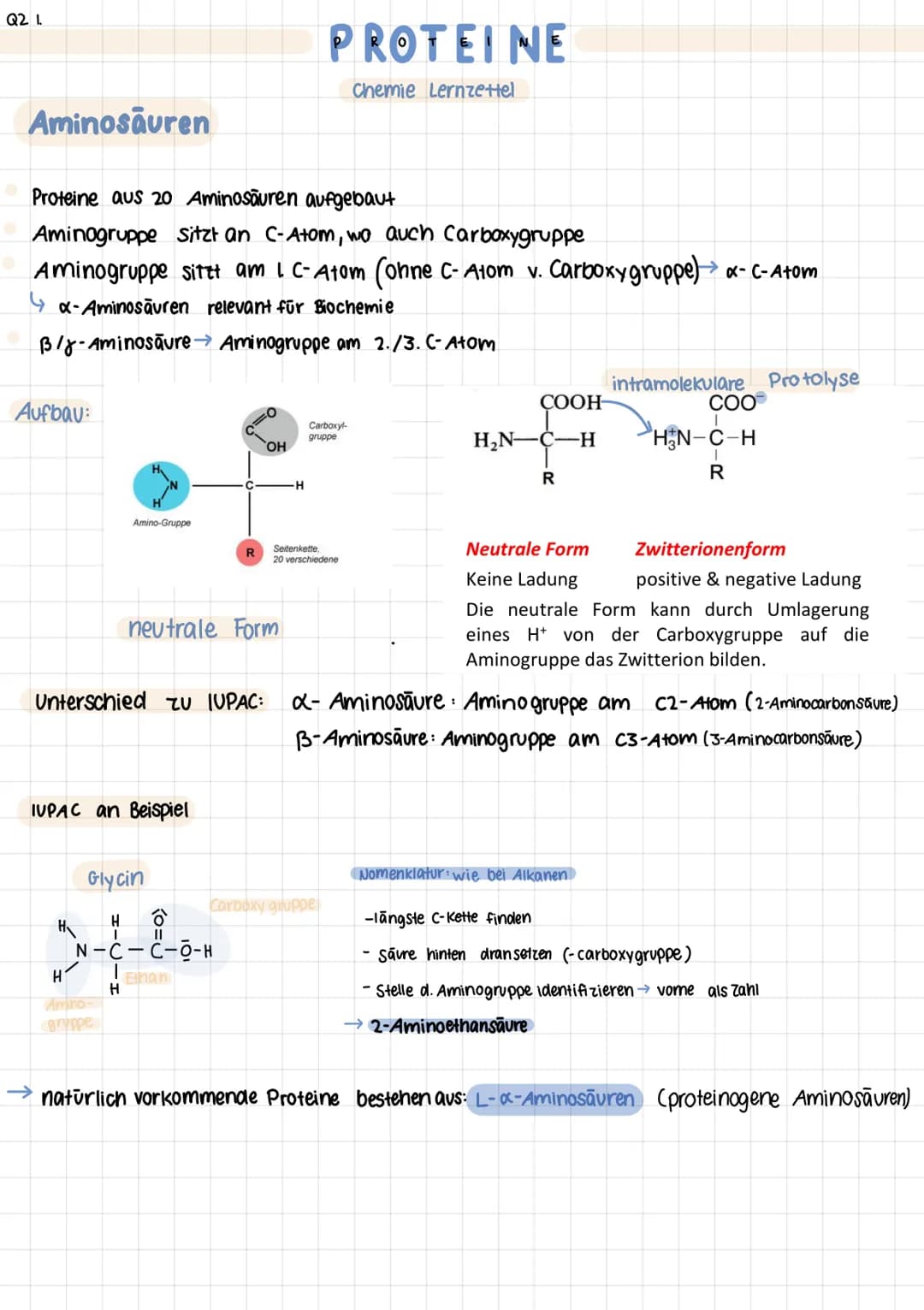 Q2 1.

# PROTEINE
Chemie Lernzettel

## Aminosäuren

- Proteine aus 20 Aminosäuren aufgebaut
- Aminogruppe sitzt an C-Atom, wo auch Carboxyg