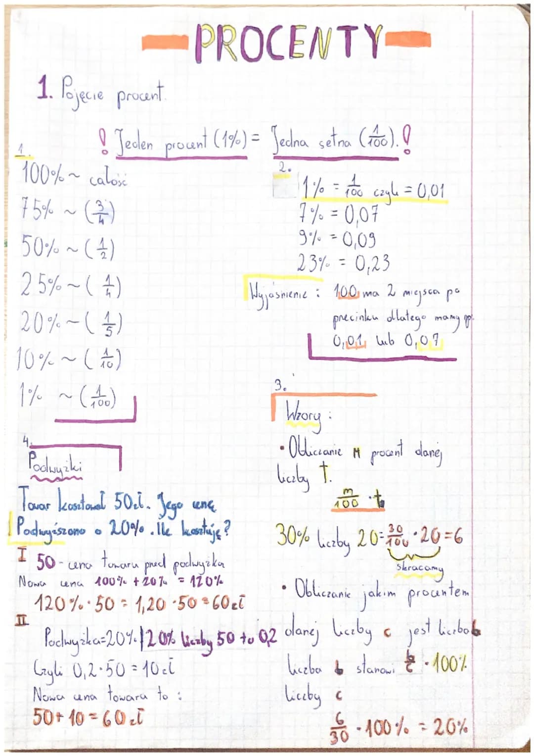 # PROCENTY

1. Pojęcie procent.

1.
!Jeolen procent (1%) = Jedna setna ($\frac{1}{100}$).!

100%~ całość

75%~($\frac{3}{4}$)

50%~($\frac{1